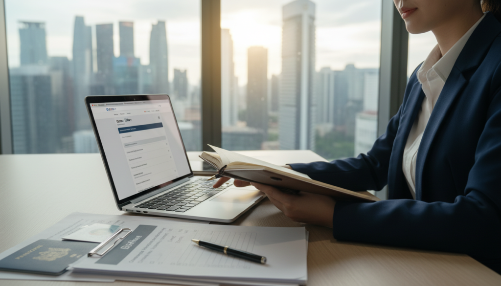 A professional office desk scene, showcasing a neatly arranged workspace in the foreground. On the desk, display a laptop open to the BizFile+ website, with various documents like a company address change form, identification documents, and a checklist of required information. In the middle ground, include a business professional in smart attire, focused on the laptop, taking notes on a notepad. In the background, a modern office setting with a window revealing a cityscape, bathed in soft, natural lighting to create a calm and organized atmosphere. The image should have a clean, professional mood, highlighting preparedness and attention to detail in a business environment. Aim for photorealism with sharp focus on the foreground elements.