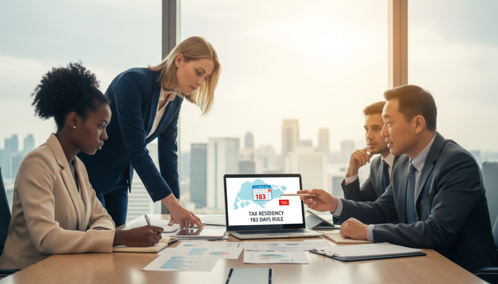 A professional office environment depicting a diverse group of business people engaged in discussion around a conference table, with documents and laptops open, illustrating concepts of tax residency and the 183 days rule. In the foreground, a middle-aged Asian man in a tailored suit points to a chart on a laptop screen that shows a calendar and a map of Singapore, symbolizing tax residency. The middle ground features a young Black woman taking notes, and a Caucasian woman reviewing documents, all dressed in professional business attire. The background showcases large windows with a city skyline view, soft natural light streaming in, creating a focused and collaborative atmosphere, with a warm color palette to enhance the mood of productivity and partnership. Photorealistic detail enhances the expressions of engagement and professionalism among the group. A professional office environment depicting a diverse group of business people engaged in discussion around a conference table, with documents and laptops open, illustrating concepts of tax residency and the 183 days rule. In the foreground, a middle-aged Asian man in a tailored suit points to a chart on a laptop screen that shows a calendar and a map of Singapore, symbolizing tax residency. The middle ground features a young Black woman taking notes, and a Caucasian woman reviewing documents, all dressed in professional business attire. The background showcases large windows with a city skyline view, soft natural light streaming in, creating a focused and collaborative atmosphere, with a warm color palette to enhance the mood of productivity and partnership. Photorealistic detail enhances the expressions of engagement and professionalism among the group.