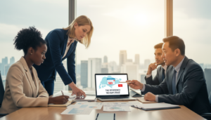 A professional office environment depicting a diverse group of business people engaged in discussion around a conference table, with documents and laptops open, illustrating concepts of tax residency and the 183 days rule. In the foreground, a middle-aged Asian man in a tailored suit points to a chart on a laptop screen that shows a calendar and a map of Singapore, symbolizing tax residency. The middle ground features a young Black woman taking notes, and a Caucasian woman reviewing documents, all dressed in professional business attire. The background showcases large windows with a city skyline view, soft natural light streaming in, creating a focused and collaborative atmosphere, with a warm color palette to enhance the mood of productivity and partnership. Photorealistic detail enhances the expressions of engagement and professionalism among the group.