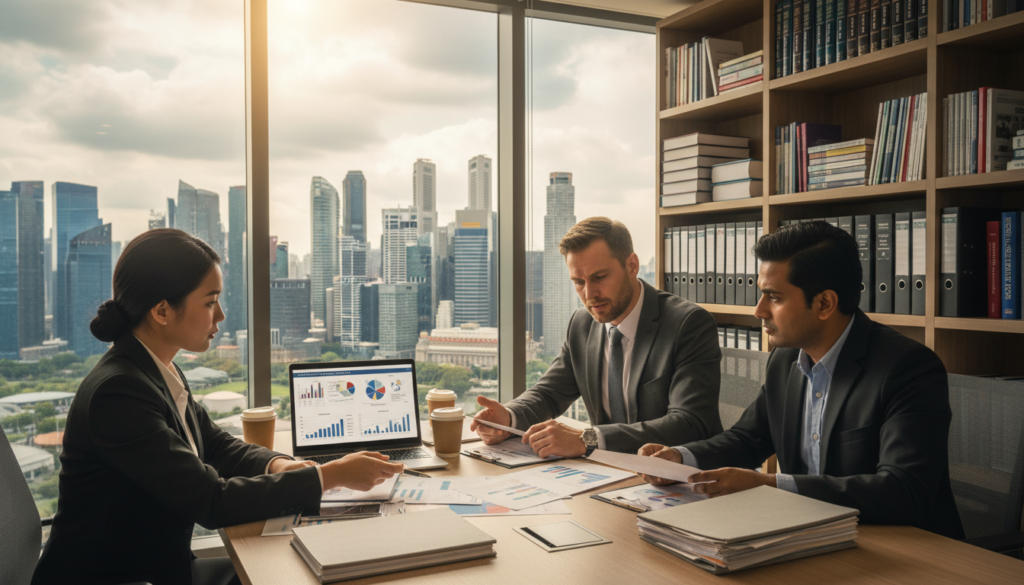 A professional office environment depicting the concept of "Permanent Establishment" risk. In the foreground, a diverse group of three business professionals in formal attire (a Southeast Asian woman, a Caucasian man, and an Indian man) are engaged in a serious discussion around a modern conference table, with papers and a laptop open, showcasing graphs and tax documents. In the middle ground, a large window provides a view of Singapore’s skyline, reflecting the city’s modern architecture and vibrant atmosphere. The background features shelves filled with legal books and financial reports. Soft natural light filters through the window, creating a warm yet serious ambiance. The overall mood conveys a sense of urgency and importance regarding tax compliance and international business. A professional office environment depicting the concept of "Permanent Establishment" risk. In the foreground, a diverse group of three business professionals in formal attire (a Southeast Asian woman, a Caucasian man, and an Indian man) are engaged in a serious discussion around a modern conference table, with papers and a laptop open, showcasing graphs and tax documents. In the middle ground, a large window provides a view of Singapore’s skyline, reflecting the city’s modern architecture and vibrant atmosphere. The background features shelves filled with legal books and financial reports. Soft natural light filters through the window, creating a warm yet serious ambiance. The overall mood conveys a sense of urgency and importance regarding tax compliance and international business.