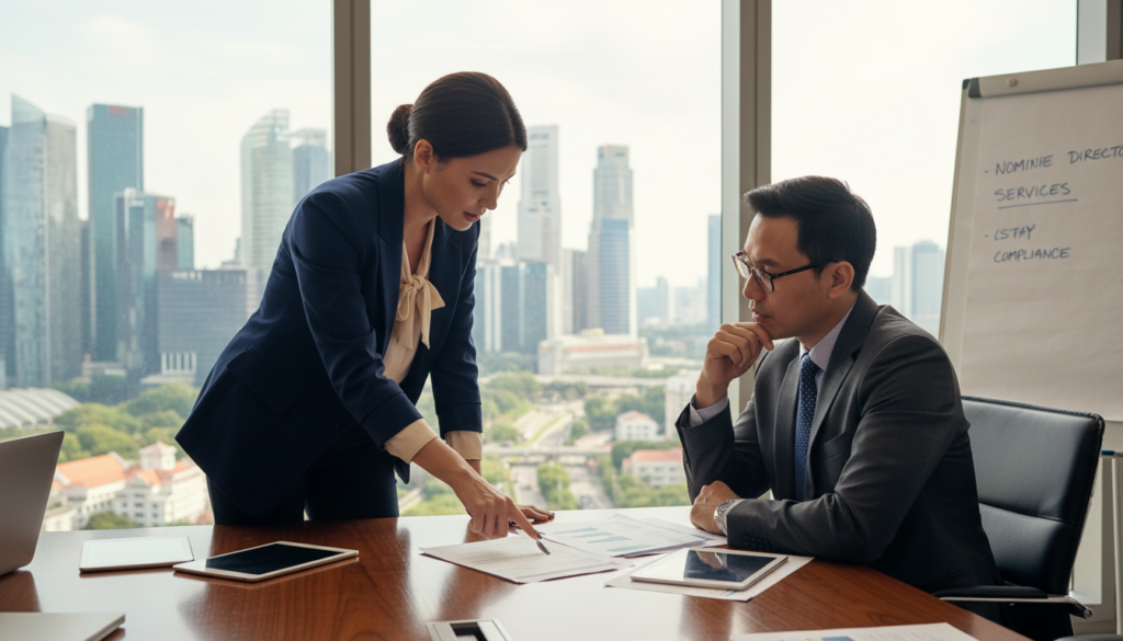 A professional office environment featuring a confident businesswoman and a bespectacled businessman engaged in a discussion at a sleek conference table. The woman, dressed in a tailored blazer and smart blouse, is pointing at a document, while the man, in a polished suit and tie, is attentively listening. In the background, a large window reveals a view of Singapore's skyline, showcasing modern skyscrapers under bright sunlight. The atmosphere is warm and collaborative, with soft natural lighting illuminating the scene, creating a sense of urgency and professionalism. The focus is on the interaction between the two professionals, emphasizing the importance of selecting a reliable nominee director service provider.