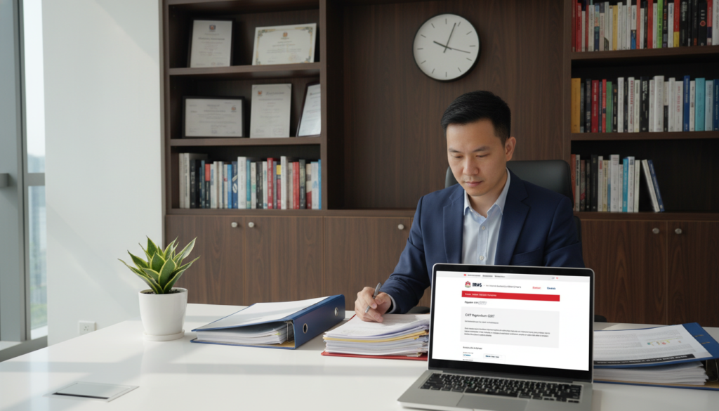 A professional office environment, showcasing a focused individual in business attire, seated at a sleek desk, reviewing paperwork related to GST registration with the Inland Revenue Authority of Singapore (IRAS). The foreground features a laptop displaying an official IRAS webpage and neatly organized documents. In the middle ground, a potted plant adds a touch of freshness, while a modern clock on the wall hints at the efficiency of the process. The background includes shelves filled with business books and framed certifications that convey professionalism. Soft, natural light filters in through a large window, creating a warm and inviting atmosphere, highlighting the importance of the GST registration process in Singapore.