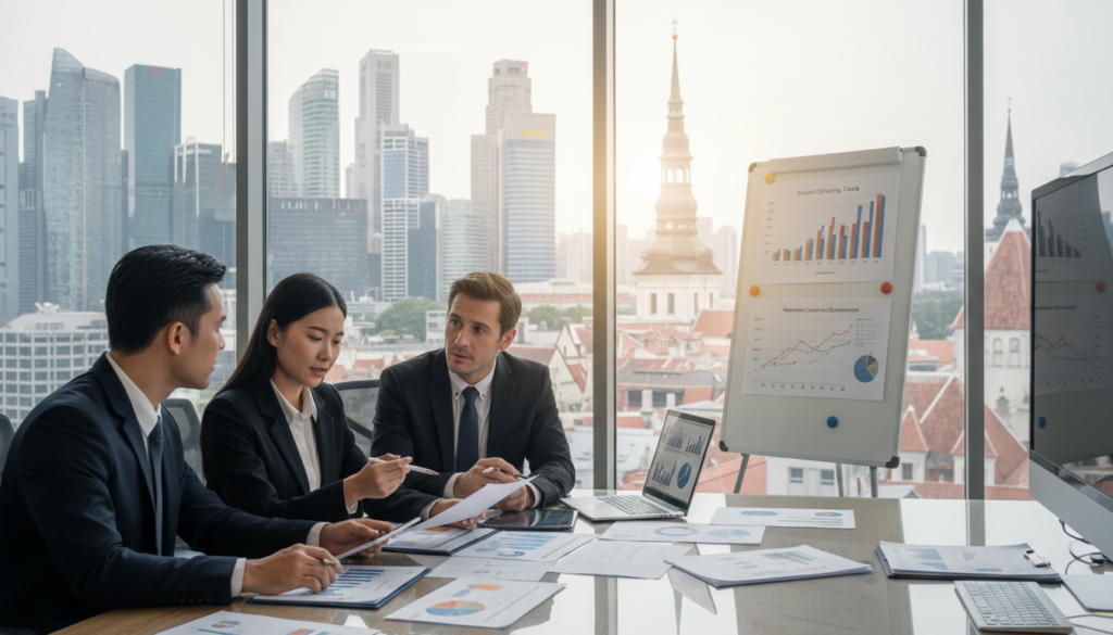 A professional office setting depicting ongoing compliance accounting processes. In the foreground, a diverse group of three professionals—two men and one woman—are collaborating over financial documents and digital devices, all dressed in sharp business attire. The middle ground features a sleek conference table with laptops and data analysis charts, including graphs indicating annual operating costs. In the background, large windows let in natural light, showcasing a modern cityscape of Singapore and Estonia-inspired architecture. The atmosphere is one of focus and determination, with a soft, bright lighting that highlights the seriousness of compliance. The angle is slightly overhead, capturing the teamwork and professionalism in this dynamic environment. A professional office setting depicting ongoing compliance accounting processes. In the foreground, a diverse group of three professionals—two men and one woman—are collaborating over financial documents and digital devices, all dressed in sharp business attire. The middle ground features a sleek conference table with laptops and data analysis charts, including graphs indicating annual operating costs. In the background, large windows let in natural light, showcasing a modern cityscape of Singapore and Estonia-inspired architecture. The atmosphere is one of focus and determination, with a soft, bright lighting that highlights the seriousness of compliance. The angle is slightly overhead, capturing the teamwork and professionalism in this dynamic environment.