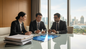 A professional office setting featuring a diverse group of three individuals in business attire, discussing tax strategies around a modern conference table. In the foreground, display a stack of financial documents and a calculator, symbolizing tax calculations. The middle ground should include the individuals engaged in conversation, with one pointing to a chart showing tax benefits. In the background, large windows reveal a vibrant Singapore skyline under soft daylight, creating a warm and productive atmosphere. The lighting is bright and even, emphasizing professionalism and collaboration. The overall mood of the image should reflect focus and clarity, capturing the essence of financial planning and strategic discussions in taxation.