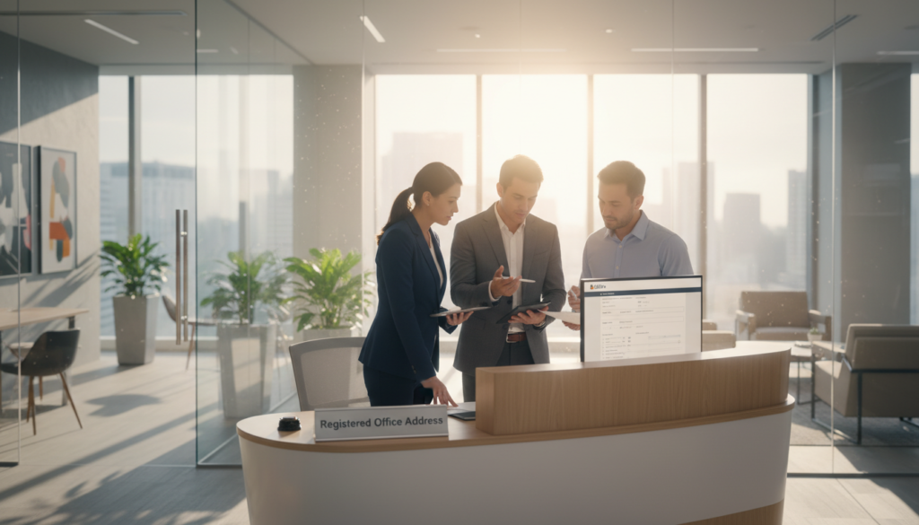 A professional office setting featuring a sleek reception desk with a nameplate reading "Registered Office Address". In the foreground, a diverse group of business professionals dressed in smart business attire - two men and one woman - are discussing documents and pointing towards a computer screen displaying the BizFile+ interface. The middle ground showcases a modern office space with glass walls, plants, and tasteful decor that conveys a sense of professionalism. In the background, there's a large window allowing natural light to flood the room, creating a bright and inviting atmosphere. The image is captured with a shallow depth of field, focusing on the group while gently blurring the surroundings, emphasizing the importance of the office environment. The lighting is warm and inviting, evoking a mood of collaboration and focus.