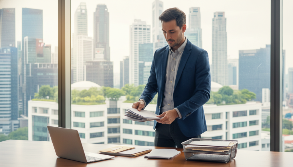 A professional office setting in an urban environment, showcasing efficient mail management. In the foreground, a well-organized desk featuring a sleek laptop, an assortment of neatly arranged envelopes, and a stylish inbox organizer. The middle ground displays a confident business professional, dressed in smart casual attire, carefully sorting through mail with a focused expression. In the background, large windows reveal a bustling Singapore CBD skyline, with modern skyscrapers and greenery outside. Soft, natural lighting floods the scene, creating a warm and productive atmosphere. The composition is well-balanced, offering a clear view of the workflow process involved in mail management and forwarding solutions tailored for businesses. The image should be photorealistic and devoid of any text or distractions.