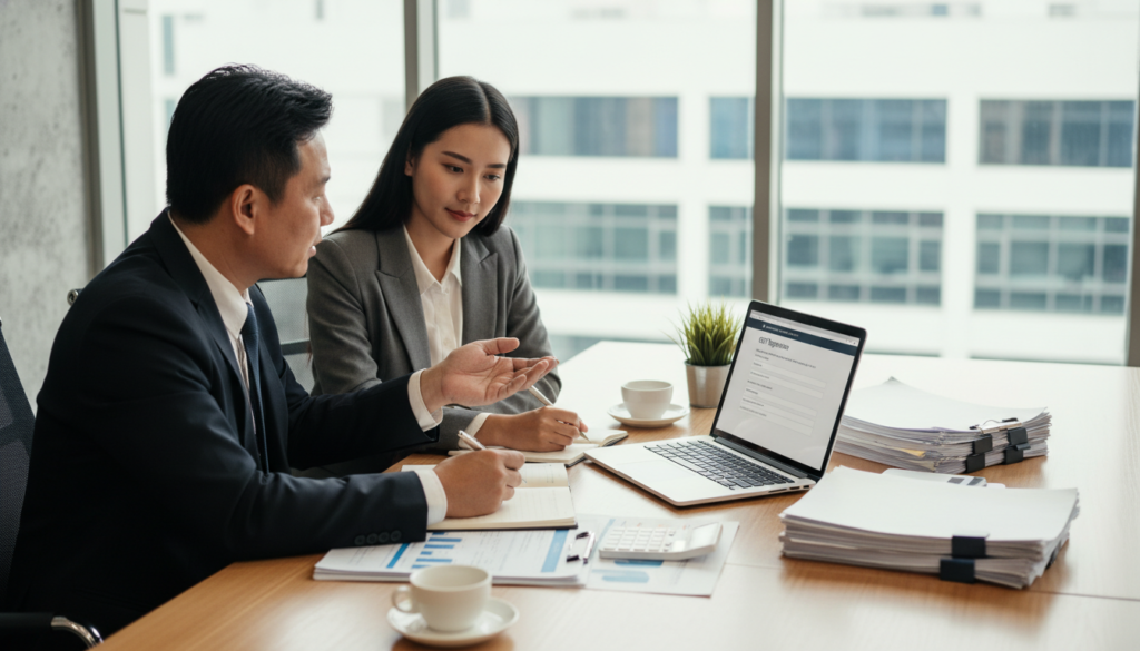 A professional office setting showcasing a business consultant discussing GST registration with a small business owner. In the foreground, the consultant, a middle-aged Asian man in a tailored suit, is gesturing towards a laptop displaying a clear GST registration webpage. The business owner, a young woman in a smart casual outfit, is attentively taking notes. In the middle ground, a modern conference table with financial documents and a calculator is visible. The background features a sleek office with large windows allowing soft natural light to flood the room, creating a warm and inviting atmosphere. The image has a photorealistic quality, captured from a slightly elevated angle to emphasize the interaction and professionalism of the scene. A professional office setting showcasing a business consultant discussing GST registration with a small business owner. In the foreground, the consultant, a middle-aged Asian man in a tailored suit, is gesturing towards a laptop displaying a clear GST registration webpage. The business owner, a young woman in a smart casual outfit, is attentively taking notes. In the middle ground, a modern conference table with financial documents and a calculator is visible. The background features a sleek office with large windows allowing soft natural light to flood the room, creating a warm and inviting atmosphere. The image has a photorealistic quality, captured from a slightly elevated angle to emphasize the interaction and professionalism of the scene.