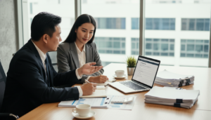 A professional office setting showcasing a business consultant discussing GST registration with a small business owner. In the foreground, the consultant, a middle-aged Asian man in a tailored suit, is gesturing towards a laptop displaying a clear GST registration webpage. The business owner, a young woman in a smart casual outfit, is attentively taking notes. In the middle ground, a modern conference table with financial documents and a calculator is visible. The background features a sleek office with large windows allowing soft natural light to flood the room, creating a warm and inviting atmosphere. The image has a photorealistic quality, captured from a slightly elevated angle to emphasize the interaction and professionalism of the scene.