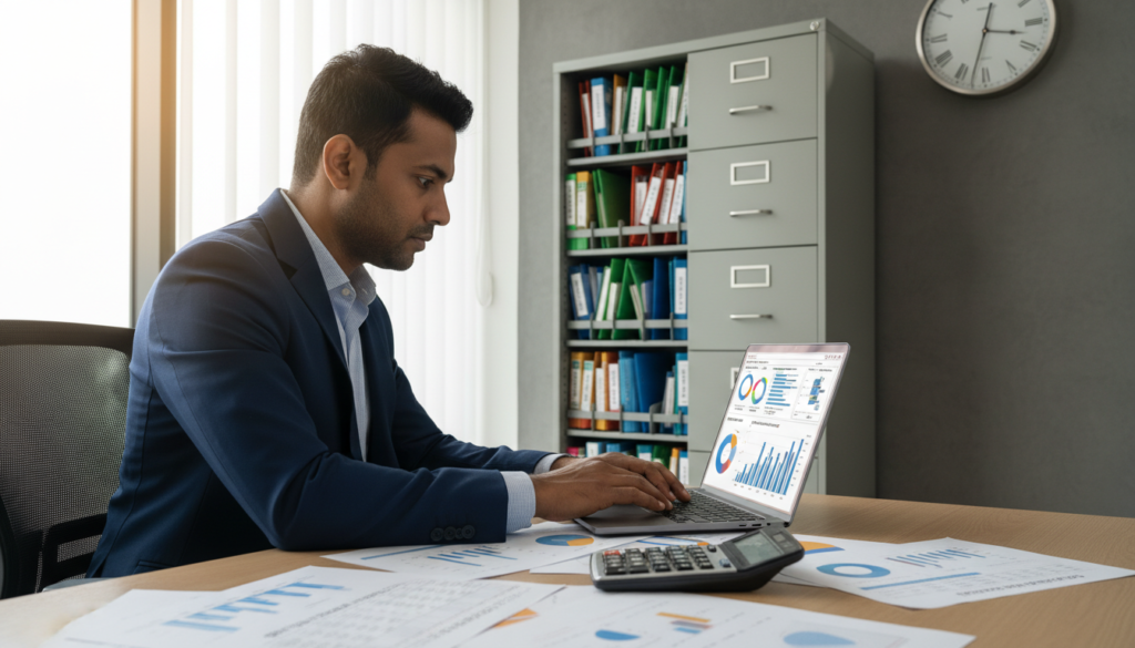 A professional office setting showcasing an accountant at their desk, deeply focused on a laptop screen displaying financial data and graphs related to GST accounting periods. In the foreground, a close-up of documents detailing fiscal calendars and timelines lays scattered on the desk next to a calculator. The middle ground features the accountant, a man in a crisp, tailored suit, absorbed in his work, exuding a sense of diligence and professionalism. In the background, a well-organized filing cabinet filled with neatly labeled folders and a wall clock indicating the time of day, adding to the sense of urgency and importance. Soft, natural lighting illuminates the scene, creating a calm yet attentive atmosphere. The image captures the essence of meticulous financial planning and the nuances of GST submission in Singapore.