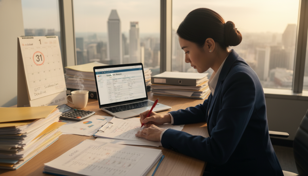 A professional office setting with a focus on a desk cluttered with documents and a laptop displaying a GST return form. In the foreground, a businesswoman in professional attire is intently reviewing a printed GST return, using a red pen to mark corrections. The middle layer features a calendar on the wall indicating the deadline for GST submission, alongside a calculator and a cup of coffee. In the background, a window shows a cityscape of Singapore, bathed in warm, natural light that creates an inviting atmosphere. The mood is focused and diligent, highlighting the importance of accuracy in financial reporting. The composition uses a slight overhead angle, emphasizing both the detailed paperwork and the professional engagement in correcting errors. The overall tone is serious yet hopeful, reflecting the meticulous nature of the GST filing process.