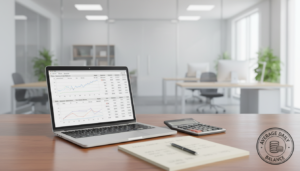 A professional, photorealistic illustration depicting the concept of "average daily balance" in banking. In the foreground, a polished wooden desk with a modern laptop open to a financial spreadsheet showing fluctuating balance figures. Beside the laptop, a stylish calculator and a notepad with neatly organized handwritten notes. The middle background features a blurred image of a bright, contemporary bank office, with subtle green plants adding a touch of nature. Soft, ambient lighting casts gentle shadows, creating a warm atmosphere. The focus is sharp on the desk, illustrating the importance of financial management, while the background conveys a sense of professionalism and stability in a business setting.
