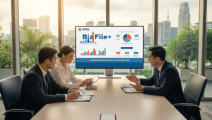 A professional, photorealistic scene depicting a business environment focused on Singapore company registration using BizFile. In the foreground, a diverse group of three professionals—two men and one woman—are attentively reviewing documents on a sleek, modern table. They wear formal business attire, looking engaged and focused. The middle ground features a large computer screen displaying the BizFile interface, with colorful graphs and charts illustrating company registration elements. In the background, a bright and organized office space showcases Singaporean architecture, with subtle greenery visible through large windows. The lighting is warm and inviting, suggesting productivity and professionalism. The perspective is slightly angled from above, capturing the dynamic interaction among the professionals while emphasizing the task at hand.
