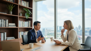 A professional resident director seated at a modern office desk, engaged in a discussion with a non-resident business partner. The director, a middle-aged Asian man in a tailored navy suit and a crisp white shirt, exudes confidence and authority. The office is sleek and contemporary, featuring large windows with a view of Singapore’s skyline, allowing natural light to illuminate the space. In the background, a bookshelf filled with business books and a few decorative plants provides a warm touch. The atmosphere is focused yet approachable, capturing the essence of professional collaboration. The scene is shot from a slightly elevated angle, emphasizing the interaction and the professional ambiance, in photorealistic detail.