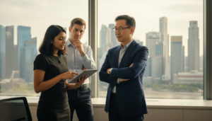 A professional scene featuring a diverse group of three individuals in a modern office setting, symbolizing a resident board member. In the foreground, a middle-aged Asian man, dressed in a tailored navy suit, stands confidently with arms crossed, exuding authority. Next to him, a young South Asian woman in a sleek black dress points at a digital tablet, engaged in a discussion. In the background, a large window showcases the Singapore skyline, with iconic buildings like Marina Bay Sands reflecting sunlight. Soft, natural lighting illuminates the room, creating a warm and inviting atmosphere. The angle captures the interplay of their focused expressions and the contemporary workspace, illustrating teamwork in the context of nominee director services. Photorealistic detail enhances the professionalism of the setting.