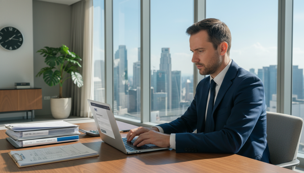 A professional setting depicting a business person at a desk, focused on paying GST to IRAS. The foreground features a well-dressed individual in business attire, using a laptop with documents related to GST submissions neatly organized nearby. The middle ground includes a clean, modern office environment with a view of Singapore's skyline through a large window, allowing natural light to flood the space, creating a bright and professional atmosphere. Soft shadows cast by the furniture add depth. The background contains a potted plant and a clock, emphasizing a productive workday. The overall mood is one of diligence and clarity as the individual navigates their financial responsibilities. The image is photorealistic, capturing intricate details of the office setting and the subject's concentration.