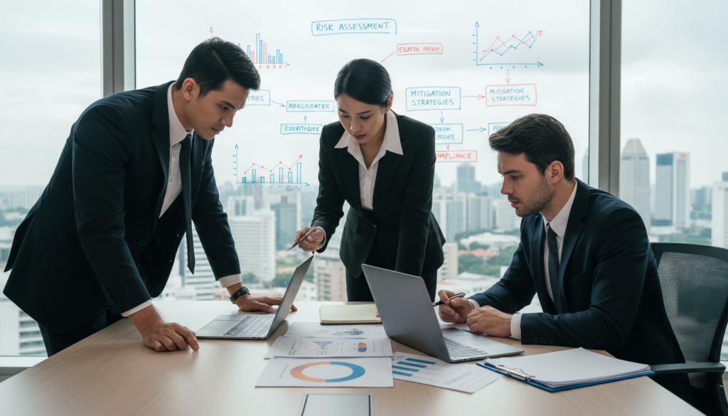 A professional setting illustrating risk management in a corporate environment. In the foreground, a diverse group of three business professionals—two men and one woman—are engaged in a focused discussion around a table cluttered with financial documents, laptops, and a risk management chart. They are dressed in formal business attire, radiating determination and collaboration. The middle ground features a large, clear whiteboard displaying graphs and data related to risk assessments. In the background, large windows allow natural light to flood the room, creating a bright yet serious atmosphere. The scene conveys a sense of urgency and professionalism, emphasizing strategic thinking and decision-making in managing risks associated with permanent establishment in Singapore. The image should be photorealistic, captured from a slightly elevated angle to enhance the dynamic nature of the discussion. A professional setting illustrating risk management in a corporate environment. In the foreground, a diverse group of three business professionals—two men and one woman—are engaged in a focused discussion around a table cluttered with financial documents, laptops, and a risk management chart. They are dressed in formal business attire, radiating determination and collaboration. The middle ground features a large, clear whiteboard displaying graphs and data related to risk assessments. In the background, large windows allow natural light to flood the room, creating a bright yet serious atmosphere. The scene conveys a sense of urgency and professionalism, emphasizing strategic thinking and decision-making in managing risks associated with permanent establishment in Singapore. The image should be photorealistic, captured from a slightly elevated angle to enhance the dynamic nature of the discussion.