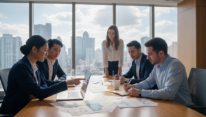 A professional setting showcasing a group of diverse business individuals in a modern office environment, attentively reviewing various virtual office package brochures and plans. In the foreground, a serious-looking woman in a smart blazer is pointing at a chart on a laptop, while a man in a neatly pressed shirt is taking notes. The middle ground features a conference table strewn with colorful brochures and a coffee cup. The background includes large windows with natural light pouring in, displaying a city skyline, creating a bright and inviting atmosphere. The image should be photorealistic, captured from a slight angle to emphasize collaboration and evaluation, with soft lighting that enhances the professionalism and focus of the scene.
