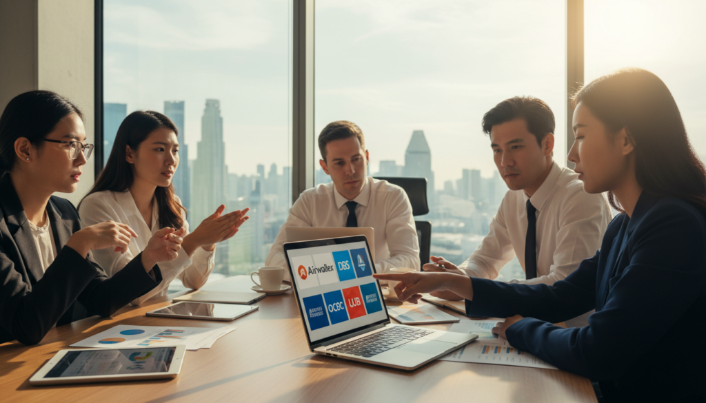 A professional workspace scene depicting a business meeting where a diverse group of individuals, dressed in business attire, are discussing banking options. In the foreground, a smartly-dressed woman points at a laptop displaying various bank logos, including Airwallex, DBS, OCBC, and UOB, while colleagues actively engage. In the middle, a sleek conference table is laden with financial documents, digital tablets, and coffee cups, highlighting a collaborative atmosphere. The background features a large window showcasing a city skyline, with natural light flooding the room, creating a warm and inviting ambiance. The overall mood is focused and analytical, capturing the importance of choosing the right bank for business needs in Singapore.