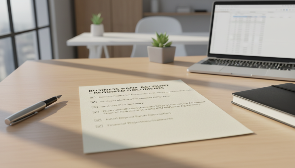 A professionally arranged checklist of required documents for opening a business bank account, placed on a modern wooden desk. The checklist features clearly visible items such as business registration documents, identification proof, and financial statements, each item neatly ticked off. In the background, a soft-focus office setting with minimalist decor enhances the professional atmosphere, including a potted plant and a laptop. Natural lighting streams in from a nearby window, creating a warm and inviting ambiance. The shot is captured from a slightly elevated angle, with a shallow depth of field that emphasizes the checklist in the foreground while subtly blurring the background elements. The overall mood conveys organization and readiness for financial endeavors, inspired by a sense of professionalism and clarity. A professionally arranged checklist of required documents for opening a business bank account, placed on a modern wooden desk. The checklist features clearly visible items such as business registration documents, identification proof, and financial statements, each item neatly ticked off. In the background, a soft-focus office setting with minimalist decor enhances the professional atmosphere, including a potted plant and a laptop. Natural lighting streams in from a nearby window, creating a warm and inviting ambiance. The shot is captured from a slightly elevated angle, with a shallow depth of field that emphasizes the checklist in the foreground while subtly blurring the background elements. The overall mood conveys organization and readiness for financial endeavors, inspired by a sense of professionalism and clarity.
