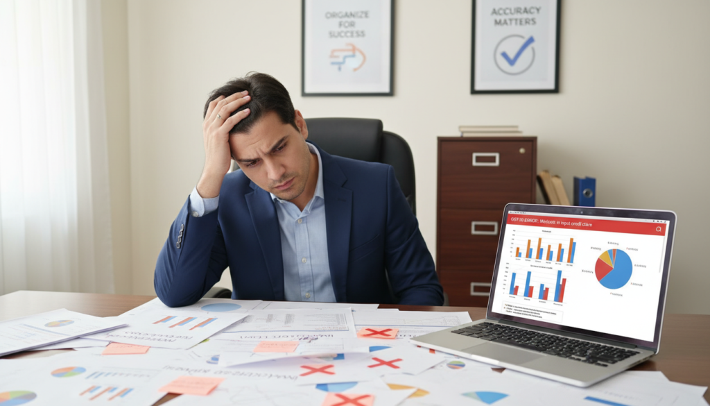 A serene office setting focused on common GST filing errors. In the foreground, a confused business professional in smart business attire sits at a cluttered desk surrounded by paperwork, highlighting chaos; scattered documents with red crosses and notes indicating mistakes. In the middle ground, an open laptop displays colorful graphs and figures, with a visible error notification on the screen. The background features a neat filing cabinet and motivational posters on the walls, symbolizing organization. Soft, diffused lighting illuminates the scene, creating a balanced, calming atmosphere. The angle captures the intensity of the situation, drawing viewers into the importance of accurate filing while maintaining a professional tone. Photorealistic detail emphasizes the intricacies of paperwork and the office environment.