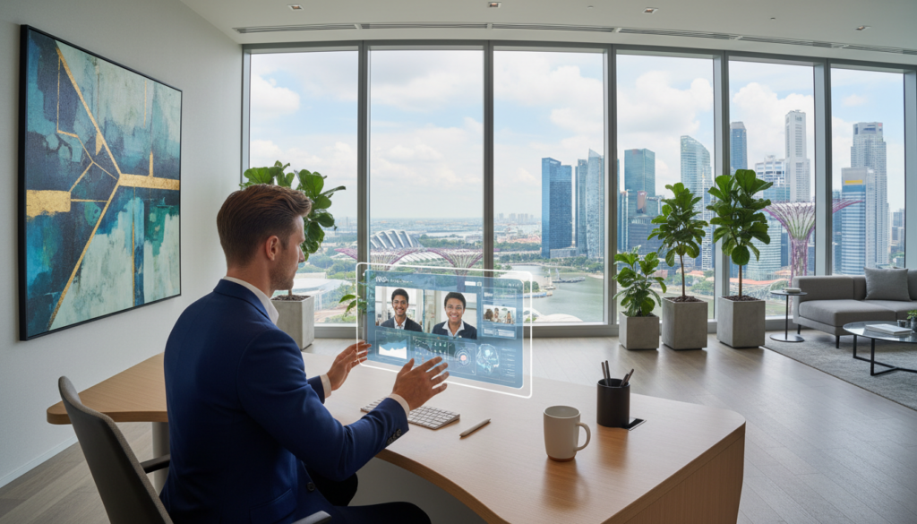 A sleek and modern virtual office space set inside a high-rise building in Singapore. In the foreground, a professional-looking individual in smart business attire is interacting with a sleek computer setup, showcasing digital communication tools like video calls and virtual meeting software. The middle ground features a well-organized desk with stylish office supplies and a large window allowing natural light to flood the room, highlighting a stunning view of the city skyline. The background displays contemporary office decor, including plants and abstract artwork, creating a vibrant yet professional atmosphere. The composition should be bright and inviting, evoking a sense of professionalism and innovation in a virtual workspace. Use a wide-angle lens perspective to capture the full essence of this modern office environment.
