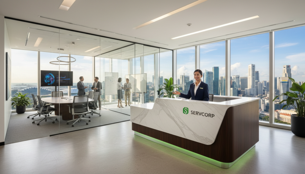 A sleek, modern Servcorp office environment in a bustling Singapore skyline. In the foreground, a stylish reception desk with a friendly receptionist dressed in professional attire, warmly welcoming visitors. The middle ground features elegantly arranged meeting rooms with glass walls, showcasing a collaborative atmosphere. High-end furniture and contemporary decor enhance the premium image of the office. The background displays a panoramic view of the iconic Singapore skyline, with skyscrapers under a clear blue sky. Soft, natural lighting highlights the space, creating a warm and inviting mood. The image should evoke a sense of professionalism and sophistication, emphasizing the premium services of Servcorp. Photorealistic rendering with a focus on detail and ambiance.