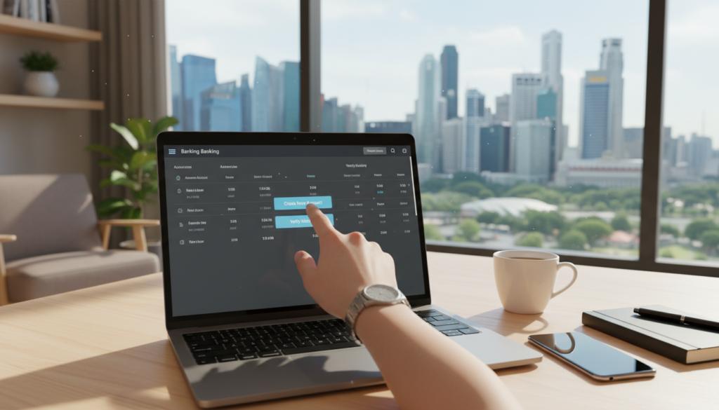 A sleek, modern banking interface displayed on a laptop screen in a cozy, well-lit workspace. In the foreground, a hand is reaching toward the screen, navigating through digital account options like 'Create New Account', 'Remote Access', and 'Verify Identity'. The middle ground features a stylish desk with essentials like a smartphone, notepad, and a cup of coffee, all reflecting a professional digital nomad lifestyle. In the background, a bright window reveals a bustling Singapore skyline with iconic buildings and greenery, hinting at the vibrancy of the city. Soft natural light filters in, creating a welcoming and focused atmosphere. The overall mood is professional and aspirational, emphasizing the ease of managing business accounts remotely from anywhere in the world. A sleek, modern banking interface displayed on a laptop screen in a cozy, well-lit workspace. In the foreground, a hand is reaching toward the screen, navigating through digital account options like 'Create New Account', 'Remote Access', and 'Verify Identity'. The middle ground features a stylish desk with essentials like a smartphone, notepad, and a cup of coffee, all reflecting a professional digital nomad lifestyle. In the background, a bright window reveals a bustling Singapore skyline with iconic buildings and greenery, hinting at the vibrancy of the city. Soft natural light filters in, creating a welcoming and focused atmosphere. The overall mood is professional and aspirational, emphasizing the ease of managing business accounts remotely from anywhere in the world.