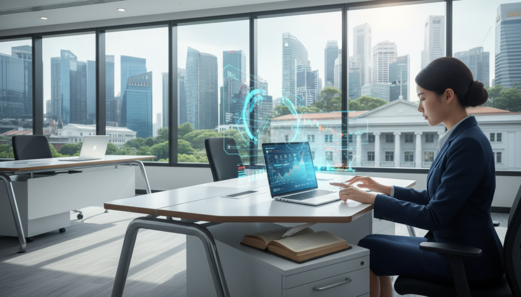 A sleek, modern digital bank office setting in Singapore, showcasing a clean, organized workspace with advanced technology. In the foreground, a professional woman in business attire interacts with a digital tablet, analyzing data. The middle layer features a contemporary desk with a laptop and holographic financial data displays. The background highlights large windows with a view of the iconic Singapore skyline, filled with skyscrapers and greenery. The lighting is bright and inviting, with natural sunlight illuminating the space. Capture a mood of innovation and progress, reflecting the essence of digital banking. Emphasize the contrast between traditional banking elements, like an old ledger and a traditional bank building visible outside the window, integrating seamlessly into the digital business theme.