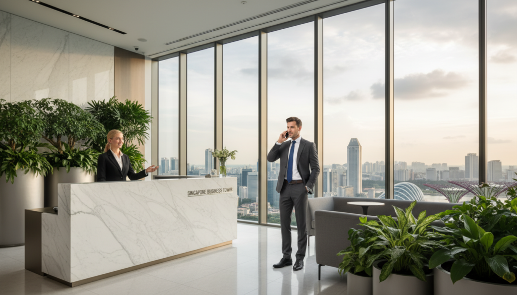 A sleek, modern office building in the heart of Singapore, showcasing the importance of a professional business address. In the foreground, an elegant reception area with a polished marble counter and lush greenery, conveying a welcoming atmosphere. The middle ground features a well-dressed business professional engaged in a conversation on a smartphone, dressed in a tailored suit, exuding confidence and success. In the background, large glass windows reveal a stunning view of Singapore's skyline, under the soft glow of natural daylight. The overall mood is sophisticated and aspirational, reflecting the prestige of having a business address in a vibrant city. The image should be photorealistic, captured with a wide-angle lens to encompass the elegance of the setting.