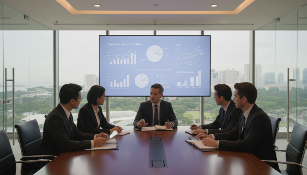 A sleek, modern office conference room showcasing a sophisticated corporate tax discussion. In the foreground, a diverse group of professionals, dressed in smart business attire, are gathered around a polished wooden table. They actively engage with documents and digital devices, exuding focus and collaboration. In the middle, a large digital screen displays visual graphs and charts illustrating corporate tax rates and regulations in Singapore. The background features a panoramic city view of Singapore's skyline, with iconic skyscrapers and greenery, symbolizing the city's thriving economy. The atmosphere is vibrant and professional, with soft, warm lighting accentuating the modern environment, captured with a shallow depth of field to keep the focus on the professionals and their discussion.