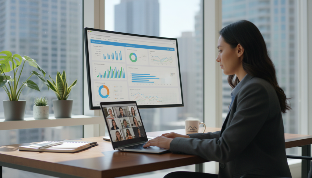 A sleek, modern office space featuring a large computer screen displaying a vibrant dashboard of cloud-based accounting software, showcasing graphs, charts, and real-time data analysis. In the foreground, a professional woman in business attire is working on her laptop, focused on collaboration with her remote team. The middle ground includes potted plants and an organized desk, enhancing the productivity atmosphere. The background features large windows with a city skyline, casting soft, natural light into the room. The image composition uses a shallow depth of field to emphasize the foreground while keeping the background slightly blurred, creating a sense of depth and professionalism. The overall mood is dynamic and efficient, encapsulating the essence of remote collaboration in a digital workspace.