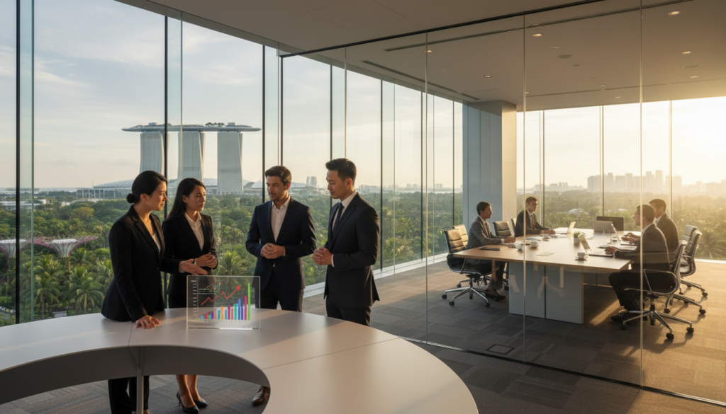 A sleek, modern offshore company office in Singapore, showcasing an elegant glass building against a backdrop of the iconic Marina Bay Sands and lush greenery. In the foreground, a diverse group of professionals in business attire engage in a discussion, with one pointing at a digital tablet displaying charts and graphs. The middle layer features a well-organized conference room, with a large table, documents, and a view of the skyline through expansive windows. The background includes a bright, sunny sky, emphasizing a sense of opportunity and growth. The lighting is warm and inviting, creating a productive and innovative atmosphere. The overall mood is focused on collaboration and professionalism, highlighting the essence of offshore business operations in Singapore.