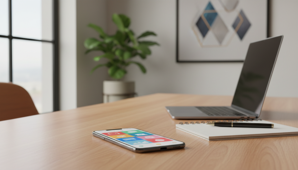 A sleek, modern smartphone lies prominently in the foreground, showcasing its vibrant screen displaying a virtual office interface. The phone is placed on a polished wooden desk with a minimalistic design. In the middle ground, a stylish laptop and a notepad with a pen subtly suggest a professional workspace, all bathed in natural light from a nearby window, creating a warm and inviting atmosphere. In the background, soft-focused office decor, such as potted plants and abstract art, adds depth without distracting from the main subject. The scene is captured at eye level with a shallow depth of field, emphasizing the phone while maintaining a clean and sophisticated ambiance, reflecting the modern business world.