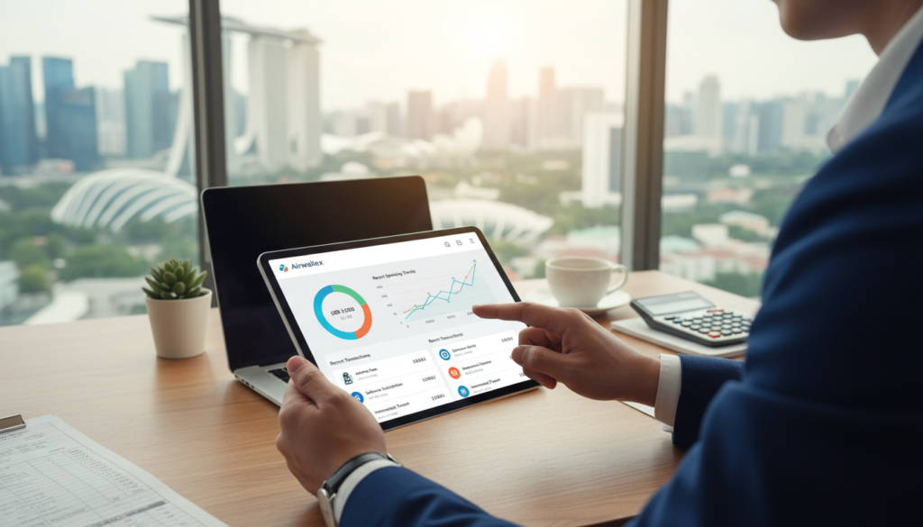 A sleek, photorealistic image of a modern fintech account interface displayed on a digital tablet held by a confident business professional in smart attire. The foreground showcases the tablet with a colorful, user-friendly dashboard, featuring charts, graphs, and transaction data symbols, reflecting the innovative nature of Airwallex. In the middle ground, a contemporary office setting with a stylish desk, a laptop, and a coffee cup adds context. The background includes a large window with a view of the Singapore skyline, bathed in natural daylight, creating a bright and optimistic atmosphere. The overall mood should convey professionalism and modernity, emphasizing the differences between a fintech account and traditional banking systems.