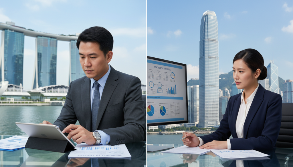 A split-image comparison depicting the tax systems of Singapore and Hong Kong. In the foreground, display two professional individuals: one in a tailored suit representing Singapore, and the other in a smart business attire representing Hong Kong. Both should be analyzing documents or charts on their respective sides, indicating tax benefits and structures. In the middle ground, include iconic landmarks from each city: the Marina Bay Sands for Singapore and the International Commerce Centre for Hong Kong, subtly blending into the skyline. In the background, create a bright, clear sky with a professional atmosphere that conveys an insightful, informative mood. Utilize soft, even lighting to enhance clarity and detail, with a shallow depth of field to focus on the professionals and their activities. Aim for a photorealistic style. A split-image comparison depicting the tax systems of Singapore and Hong Kong. In the foreground, display two professional individuals: one in a tailored suit representing Singapore, and the other in a smart business attire representing Hong Kong. Both should be analyzing documents or charts on their respective sides, indicating tax benefits and structures. In the middle ground, include iconic landmarks from each city: the Marina Bay Sands for Singapore and the International Commerce Centre for Hong Kong, subtly blending into the skyline. In the background, create a bright, clear sky with a professional atmosphere that conveys an insightful, informative mood. Utilize soft, even lighting to enhance clarity and detail, with a shallow depth of field to focus on the professionals and their activities. Aim for a photorealistic style.