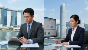 A split-image comparison depicting the tax systems of Singapore and Hong Kong. In the foreground, display two professional individuals: one in a tailored suit representing Singapore, and the other in a smart business attire representing Hong Kong. Both should be analyzing documents or charts on their respective sides, indicating tax benefits and structures. In the middle ground, include iconic landmarks from each city: the Marina Bay Sands for Singapore and the International Commerce Centre for Hong Kong, subtly blending into the skyline. In the background, create a bright, clear sky with a professional atmosphere that conveys an insightful, informative mood. Utilize soft, even lighting to enhance clarity and detail, with a shallow depth of field to focus on the professionals and their activities. Aim for a photorealistic style.