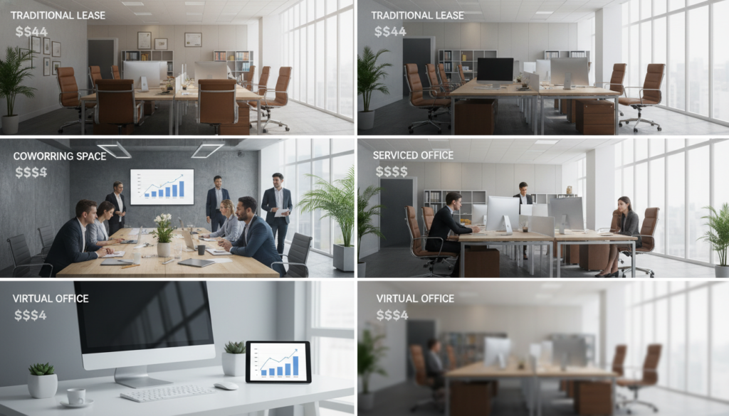 A split scene showcasing a cost comparison between various office types: in the foreground, a virtual office setup including a sleek computer and minimalistic decor, highlighting modern technology; in the middle ground, an inviting coworking space with diverse professionals in business attire collaborating at communal tables; further back, a spacious serviced office with private desks and plants creating a calming atmosphere; and in the far background, a traditional lease office environment featuring wooden desks and formal decor. The lighting is bright and natural, streaming through large windows, casting soft shadows. Use a wide-angle lens to capture the entire scene with a sense of depth, while maintaining a professional and informative mood, ideal for illustrating office options in a modern business context.