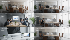 A split scene showcasing a cost comparison between various office types: in the foreground, a virtual office setup including a sleek computer and minimalistic decor, highlighting modern technology; in the middle ground, an inviting coworking space with diverse professionals in business attire collaborating at communal tables; further back, a spacious serviced office with private desks and plants creating a calming atmosphere; and in the far background, a traditional lease office environment featuring wooden desks and formal decor. The lighting is bright and natural, streaming through large windows, casting soft shadows. Use a wide-angle lens to capture the entire scene with a sense of depth, while maintaining a professional and informative mood, ideal for illustrating office options in a modern business context.