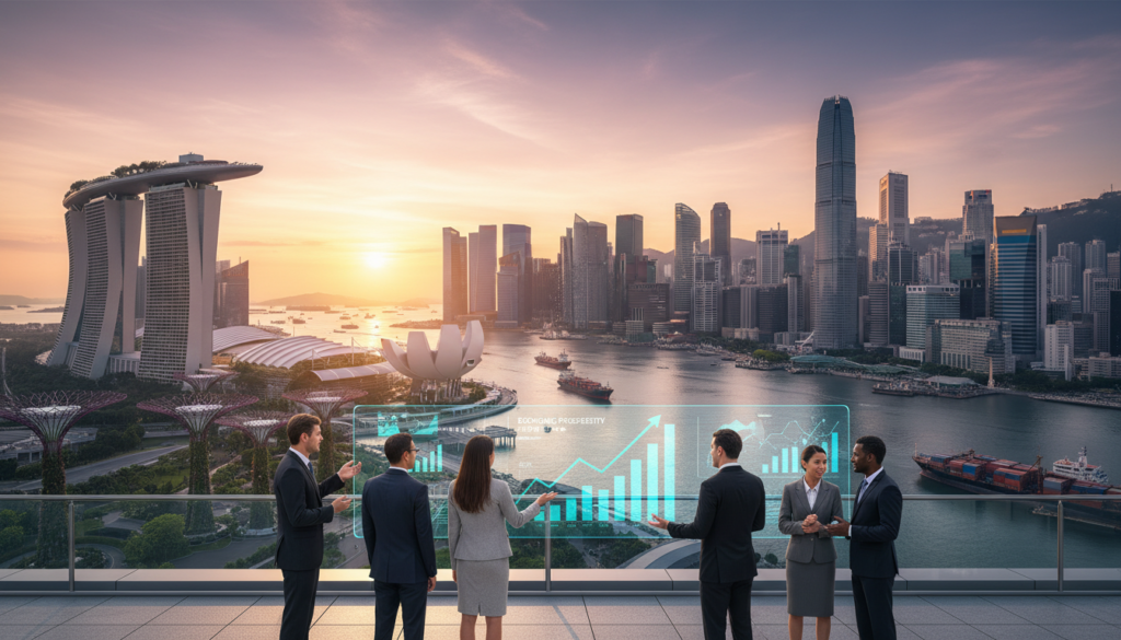 A vibrant city skyline of Singapore and Hong Kong at sunset, showcasing modern skyscrapers with distinct architectural features. In the foreground, a group of diverse professionals in business attire are engaged in a discussion, pointing towards digital graphs and infographics that symbolize economic growth. The middle ground displays a bustling harbor with yachts and ships, suggesting robust international trade. The background features a clear sky transitioning from warm oranges to deep blues, enhancing the urban landscape. Use soft, natural lighting to create an optimistic, professional atmosphere. The image should evoke a sense of stability and opportunity, emphasizing a bright economic outlook for both locations. A vibrant city skyline of Singapore and Hong Kong at sunset, showcasing modern skyscrapers with distinct architectural features. In the foreground, a group of diverse professionals in business attire are engaged in a discussion, pointing towards digital graphs and infographics that symbolize economic growth. The middle ground displays a bustling harbor with yachts and ships, suggesting robust international trade. The background features a clear sky transitioning from warm oranges to deep blues, enhancing the urban landscape. Use soft, natural lighting to create an optimistic, professional atmosphere. The image should evoke a sense of stability and opportunity, emphasizing a bright economic outlook for both locations.