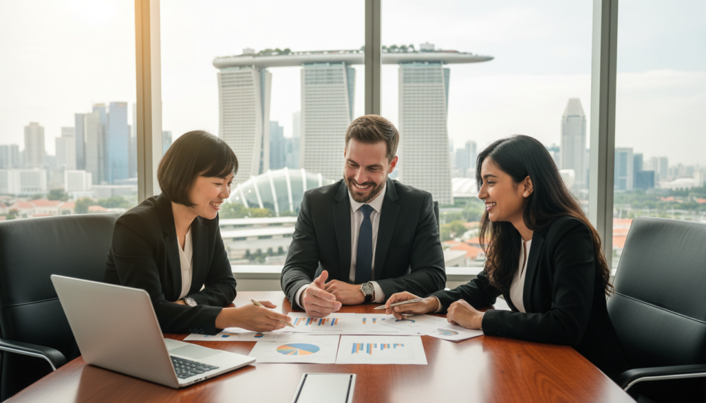 A vibrant office setting in Singapore, showcasing a diverse group of three professionals in business attire discussing tax benefits over a large document spread on a mahogany conference table. The foreground features a mix of ethnicities, including a Southeast Asian woman, a Caucasian man, and an Indian woman, all appearing engaged and enthusiastic. In the middle, a sleek laptop displays pie charts and graphs reflecting financial growth. The background features a large window with a panoramic view of the Singapore skyline, with iconic structures like Marina Bay Sands under bright, natural lighting. The atmosphere is collaborative and optimistic, conveying a sense of opportunity and prosperity related to tax residency rules for companies.