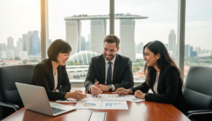 A vibrant office setting in Singapore, showcasing a diverse group of three professionals in business attire discussing tax benefits over a large document spread on a mahogany conference table. The foreground features a mix of ethnicities, including a Southeast Asian woman, a Caucasian man, and an Indian woman, all appearing engaged and enthusiastic. In the middle, a sleek laptop displays pie charts and graphs reflecting financial growth. The background features a large window with a panoramic view of the Singapore skyline, with iconic structures like Marina Bay Sands under bright, natural lighting. The atmosphere is collaborative and optimistic, conveying a sense of opportunity and prosperity related to tax residency rules for companies.