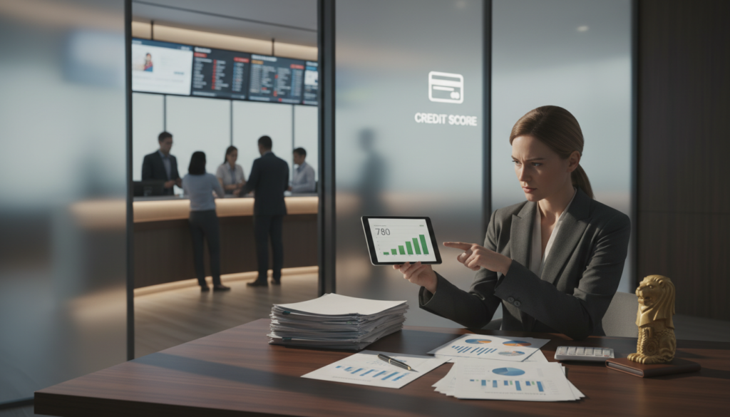 A visually striking composition depicting the concept of "credit history" in the context of banking in Singapore. In the foreground, a professional businessperson, dressed in formal attire, is intently reviewing financial documents on a sleek wooden desk. On the desk, stacks of papers containing graphs and numerical data about credit scores are neatly arranged. In the middle ground, a blurred background features the interior of a modern bank, with customers interacting with bank staff and large screens displaying banking information. The lighting is warm and inviting, casting soft shadows that enhance the scene's seriousness. The atmosphere is focused and professional, reflecting the importance of credit history in bank account applications. The scene is photorealistic, aiming for a sophisticated and informative visual.