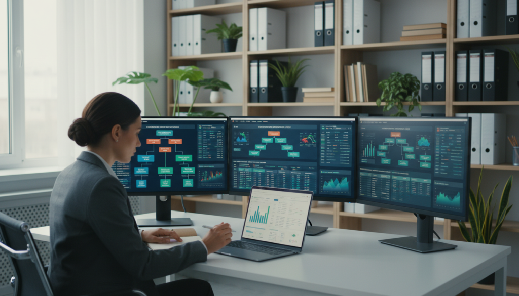 A well-lit, photorealistic office environment showcasing a modern desk with multiple monitors displaying financial data analytics and graphs related to KYC (Know Your Customer) compliance. In the foreground, a professional-looking individual in business attire is analyzing data on a laptop while taking notes, emphasizing the monitoring aspect. In the middle ground, additional monitors display various account information and alerts, symbolizing ongoing reviews and evaluations. The background features shelves with compliance manuals and potted plants, adding a touch of greenery to the corporate setting. Soft, natural light filters in through a large window, creating an organized and focused atmosphere that conveys diligence in maintaining regulatory standards. The overall mood is serious and professional, reflecting the importance of continuous monitoring in financial compliance. A well-lit, photorealistic office environment showcasing a modern desk with multiple monitors displaying financial data analytics and graphs related to KYC (Know Your Customer) compliance. In the foreground, a professional-looking individual in business attire is analyzing data on a laptop while taking notes, emphasizing the monitoring aspect. In the middle ground, additional monitors display various account information and alerts, symbolizing ongoing reviews and evaluations. The background features shelves with compliance manuals and potted plants, adding a touch of greenery to the corporate setting. Soft, natural light filters in through a large window, creating an organized and focused atmosphere that conveys diligence in maintaining regulatory standards. The overall mood is serious and professional, reflecting the importance of continuous monitoring in financial compliance.