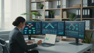 A well-lit, photorealistic office environment showcasing a modern desk with multiple monitors displaying financial data analytics and graphs related to KYC (Know Your Customer) compliance. In the foreground, a professional-looking individual in business attire is analyzing data on a laptop while taking notes, emphasizing the monitoring aspect. In the middle ground, additional monitors display various account information and alerts, symbolizing ongoing reviews and evaluations. The background features shelves with compliance manuals and potted plants, adding a touch of greenery to the corporate setting. Soft, natural light filters in through a large window, creating an organized and focused atmosphere that conveys diligence in maintaining regulatory standards. The overall mood is serious and professional, reflecting the importance of continuous monitoring in financial compliance.