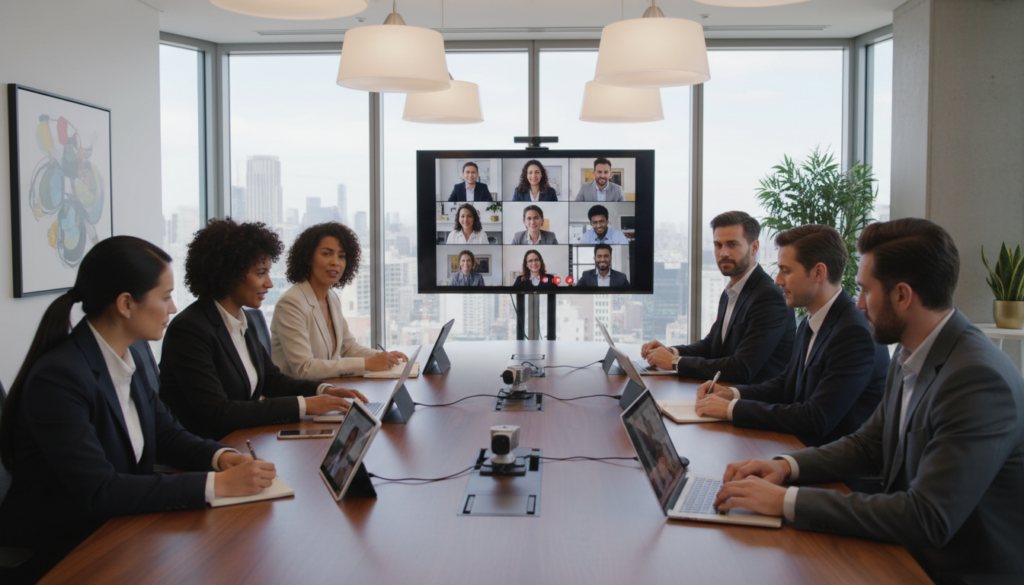 An engaging and professional virtual meeting scene depicting a diverse group of business professionals engaged in a hybrid format meeting. In the foreground, a sleek conference table with high-tech devices displays screens showing remote participants. In the middle, focused professionals in business attire, male and female, participate actively, some using laptops and others taking notes. The background features a well-appointed, modern conference room with large windows allowing natural light to filter in, creating a bright atmosphere. Soft overhead lighting enhances the ambiance, highlighting the engaged expressions of the attendees. The overall mood is collaborative and productive, emphasizing the importance of virtual meetings in modern business practices. Photorealistic depiction with a focus on clarity and professionalism.