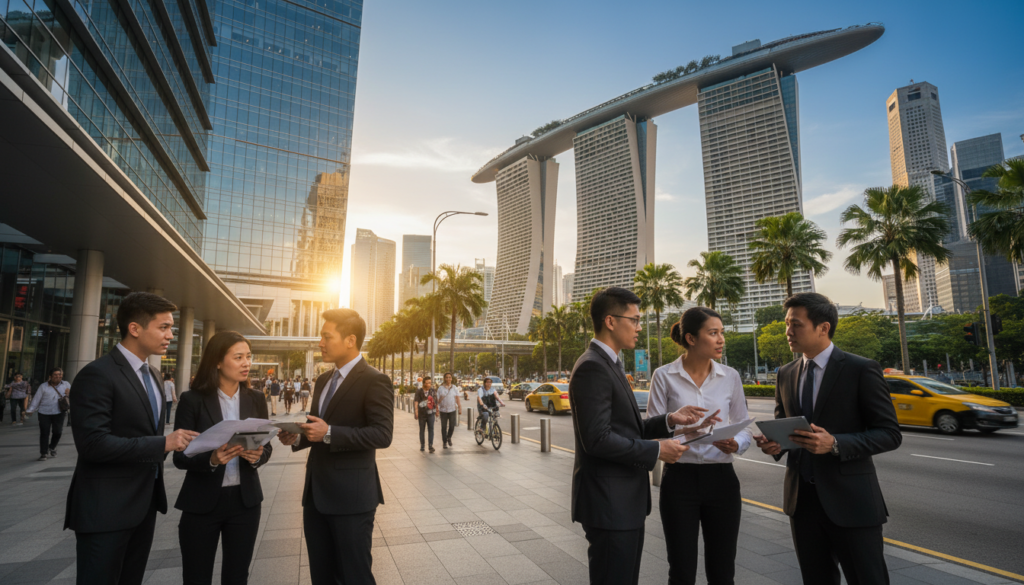 A bustling financial district in Singapore, showcasing modern skyscrapers reflecting the sky, with a strong focus on the famous Marina Bay Sands in the background. In the foreground, professionally dressed businesspeople of diverse ethnicities engage in discussions over digital tablets and documents. The middle ground features a busy street filled with pedestrians, luxury cars, and sleek bicycles, highlighting the dynamic urban lifestyle. The scene is illuminated by the warm glow of late afternoon sunlight, casting interesting shadows. The atmosphere conveys a sense of urgency and professionalism, embodying the essence of a global financial hub. Shot from a low angle to emphasize the towering buildings and bustling activity. Photorealistic details bring the scene to life, enhancing the vibrancy and energy of Singapore's financial sector.