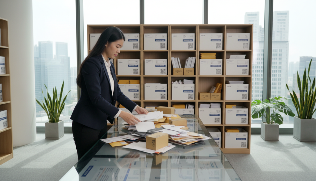 A bustling mail handling scene in a modern virtual office in Singapore. In the foreground, a professional woman in business attire sorts through a stack of letters and packages, arranging them meticulously on a sleek, glass desk. The middle ground features organized shelves filled with neatly labeled boxes and envelopes, highlighting the efficient management of business correspondence. The background shows large windows allowing natural light to flood the space, creating a bright and inviting atmosphere. Soft shadows enhance the depth of the office, while a few potted plants add a touch of greenery. The overall mood is one of professionalism and efficiency, illustrating the essential services of a virtual office.