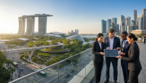 A bustling urban skyline of Singapore, showcasing iconic skyscrapers such as Marina Bay Sands and the Esplanade, under a clear blue sky. In the foreground, a diverse group of professionals in business attire, including individuals of Asian, Caucasian, and Black descent, engage in a dynamic discussion over a digital tablet, symbolizing collaboration and partnership. The middle ground features lush greenery and modern infrastructure, highlighting Singapore's blend of nature and innovation. The background captures the vibrant city energy, with busy streets and people moving around, representing the market's active dynamism. Soft, natural lighting enhances the scene, evoking a mood of optimism and trust. The image is captured from a slightly elevated angle, providing depth and perspective.