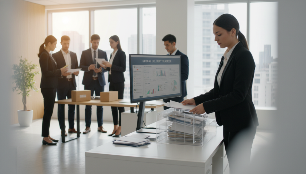 A busy mail handling area in a modern virtual office, showcasing a diverse group of professionals in smart business attire. In the foreground, a focused young woman carefully sorts through mail and packages using an organizational system. The middle features a sleek, minimalist desk with an array of envelopes and parcels, while a state-of-the-art digital monitor displays a tracking dashboard. In the background, bright natural light floods through large windows, illuminating the workspace with a warm and inviting atmosphere. The design elements are clean and contemporary, conveying efficiency and professionalism. The scene should be captured with soft focus around the edges and sharp detail in the center, emphasizing the importance of effective mail handling in a supportive SME environment.