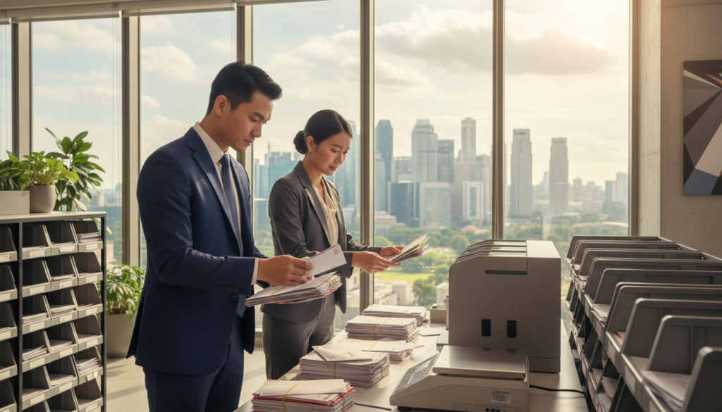 A busy mail handling environment in a modern office setting, featuring a professional male and female team meticulously sorting through bundles of letters and packages. In the foreground, focus on the duo, dressed in smart business attire, carefully processing mail with attention to detail. The middle ground showcases organized mail trays and equipment, including a high-tech postal scale and sorting machine. In the background, large windows let in soft, natural light, creating a bright and inviting atmosphere, while a cityscape view of Singapore adds context. The scene conveys a sense of efficiency and professionalism, emphasizing the importance of reliable mail handling standards. The composition should be sharply focused, with a slight depth of field to highlight the foreground subjects.